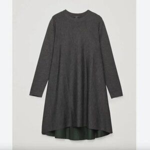 COS Gray/Emerald Green Double-Faced Merino Wool Cotton A-Line Knit Casual Dress